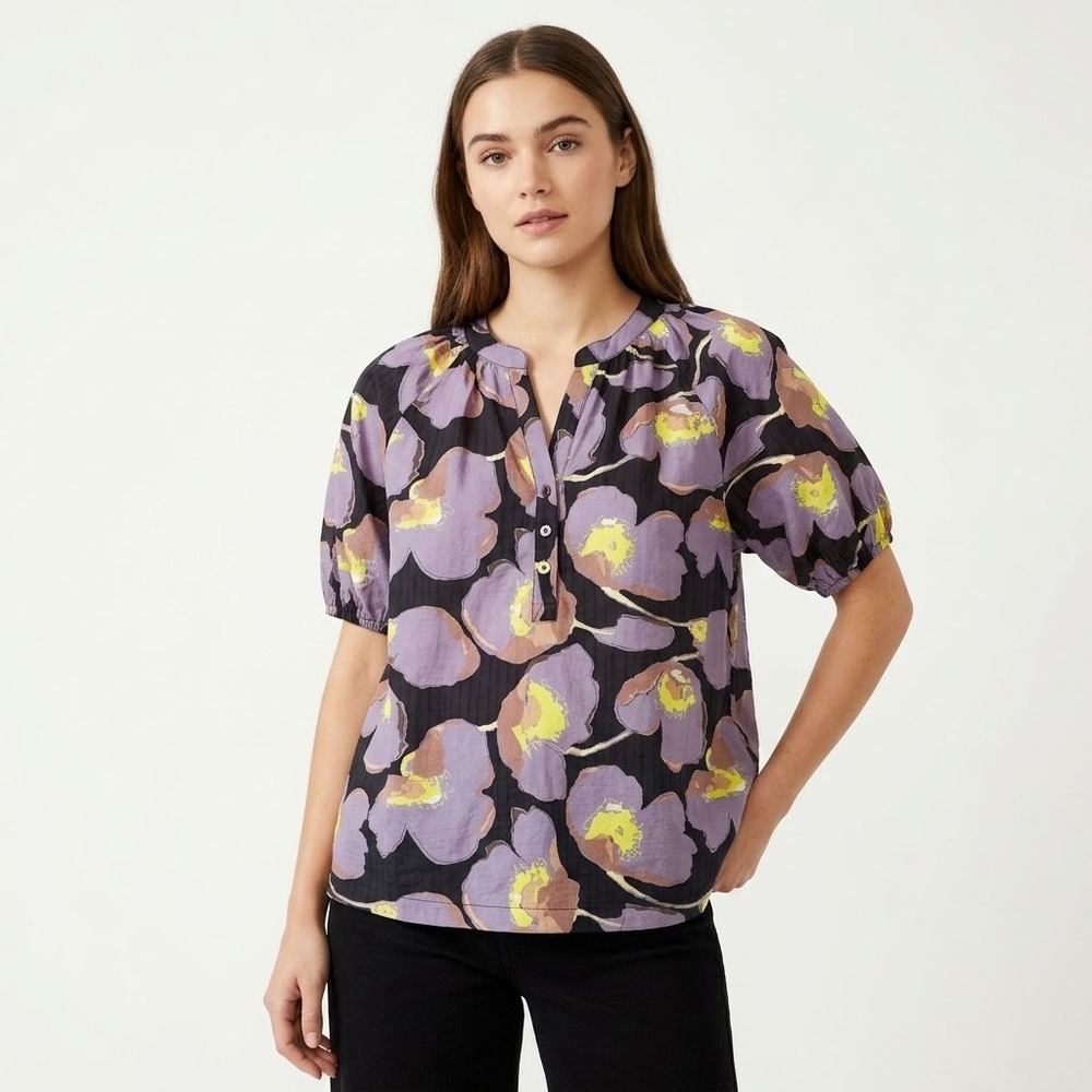 Umgee USA Floral Puff Sleeve Blouse Purple Yellow Poppy Shadow Stripe Top M